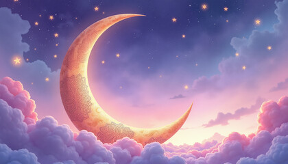 Watercolor Sky & Crescent Moon Ethereal watercolor sky with glowing crescent moon and Islamic gold motifs amidst shimmering stars
