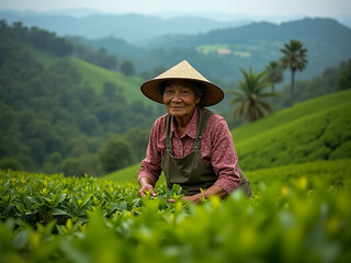 Sri Lankan woman picks tea on a tea plantation in Ceylon.