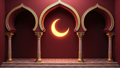 Deep Burgundy & Delicate Gold Arches Burgundy background with golden Islamic arches and a softly glowing crescent moon