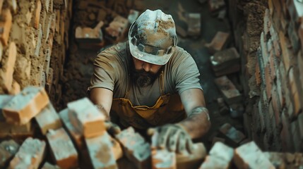 A bricklayer laying bricks in the construction of a house