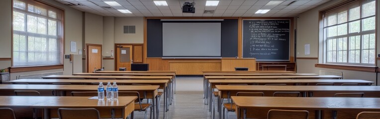 Empty Classroom with Wooden Desks and Sunlit Windows