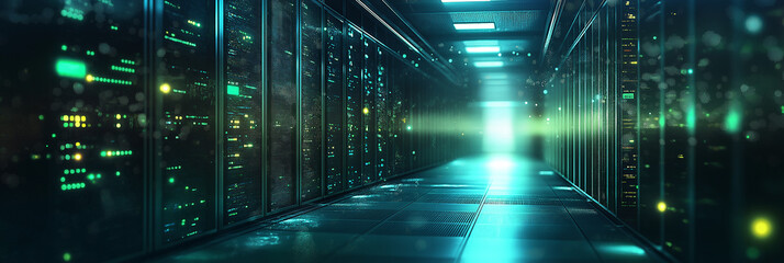 Server farm, corridor of various data servers and drives in a data center, blinking, in a data warehouse