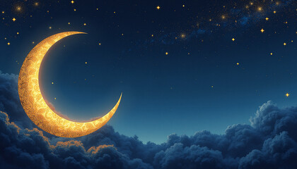 Golden Crescent on Indigo Sky Rich indigo sky with a softly glowing crescent moon and golden Islamic patterns