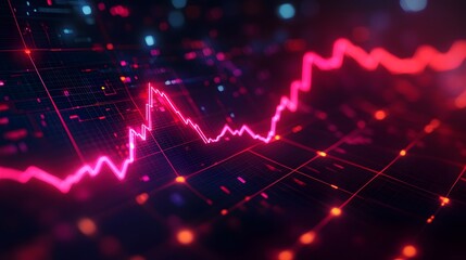 A financial chart with a bold red line ascending sharply, indicating positive economic progress, set against a dark background with glowing grid lines.