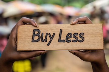 Two black hands hold a wooden sign with the message "Buy Less," emphasizing anti-consumerism and minimalism. The concept promotes sustainability and Buy Nothing Day