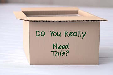 A cardboard box with the message "Do You Really Need This?" promotes mindful purchasing and anti-consumerism. The concept supports minimalism and Buy Nothing Day