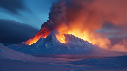 Stunning volcanic eruption with glowing lava and smoke against a stark icy landscape, showcasing dramatic fire and ice contrast