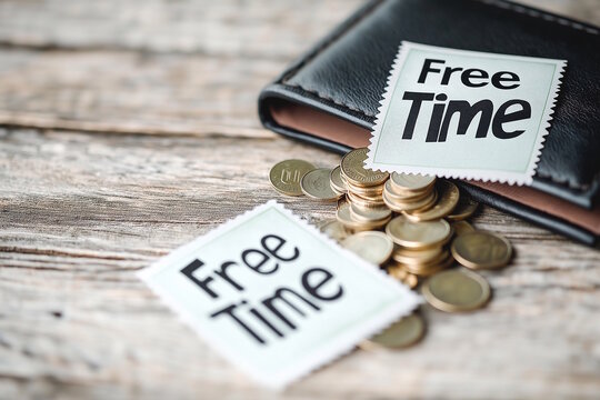 A wallet with coins spilling out and two cards that read "Free Time," symbolizing the value of non-material wealth. The concept supports a minimalist and balanced lifestyle