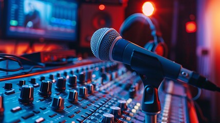 A radio host in a booth with a microphone and headphones, broadcasting live