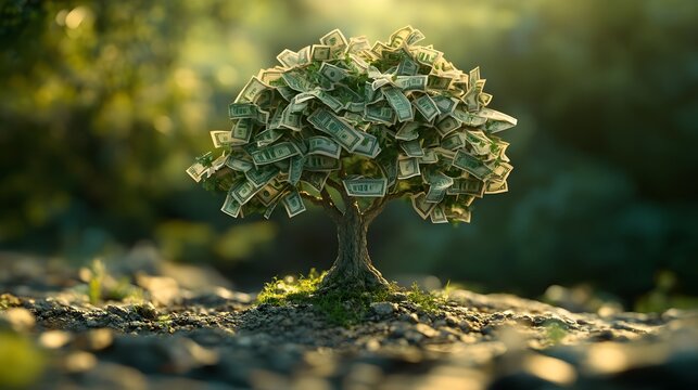 A tree with green leaves made of dollar bills, sprouting from the ground and growing upwards, symbolizing wealth accumulation in a natural setting.