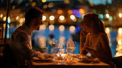 elegant couple at a romantic dinner in a restaurant in the port at night