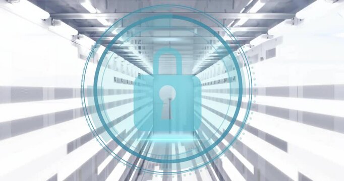 Animation of padlock icon and digital data processing over computer servers