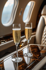 A close-up of glasses of sparkling wine served on board a private jet