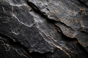 detailed close-up of a rugged dark rock surface, showcasing the rough texture and natural patterns of the stone