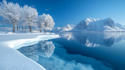 Serene winter scene with frosted trees reflecting in calm water.
