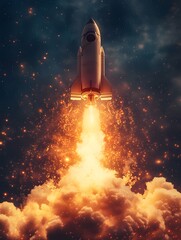 A rocket launching into the sky, with trails of currency symbols rising behind it, representing a rapid increase in financial status.