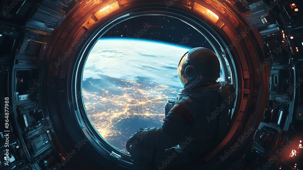 Wall mural astronaut inside spaceship cabin, looking out the window at earth, exploring the universe from a roc