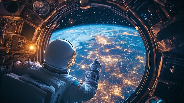 Astronaut inside spaceship cabin, looking out the window at Earth, exploring the universe from a rocket shuttle, future of space travel and technology in a cosmic background
