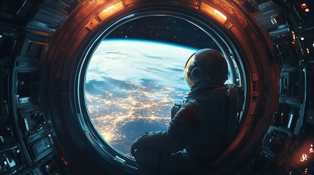 Astronaut inside spaceship cabin, looking out the window at Earth, exploring the universe from a rocket shuttle, future of space travel and technology in a cosmic background - Powered by Adobe
