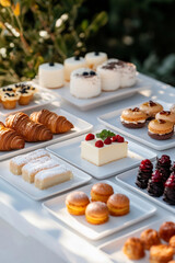 Outdoor setting with a buffet table filled with various pastries and desserts