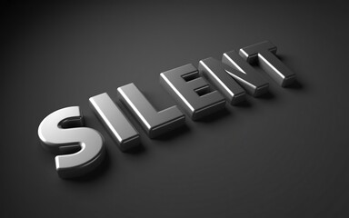 Metallic 3D text, silver and grey, modern, minimalist, peaceful, quiet, concept for meditation, relaxation, and mindfulness. 

