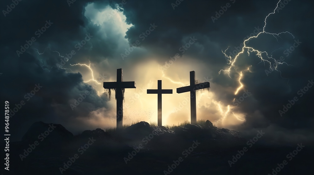 Wall mural silhouette of three man crucifixion on cross on hill. jesus christ god calvary death sacrifice for s