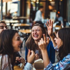 Group of Friends Laughing at a Caf&eacute; Terrace
