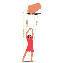 Cartoon Woman Character Cutting Puppet Strings Labeled Gender, Single, And Age Isolated On White Background