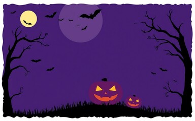 Purple spooky Halloween night background with orange and black jack-o-lanterns. 
