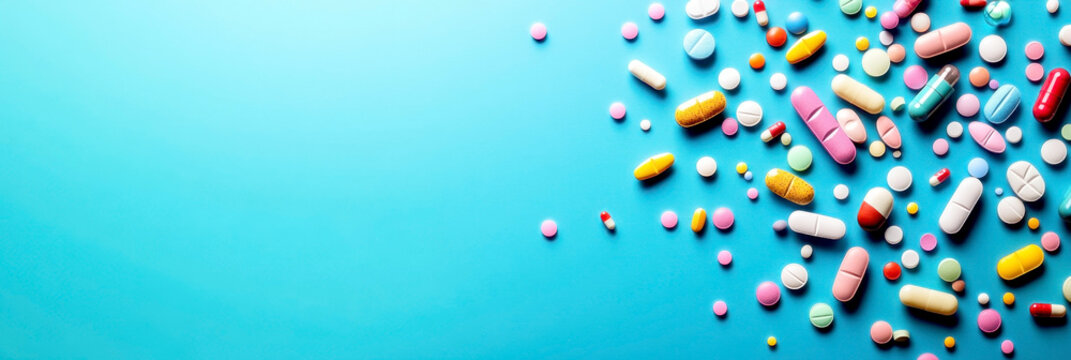 Tablets and capsules in pharmacy on a blue background. World Pharmacist day. Medicine on a table in drugstore. Horizontal banner. Free space for text. Health, illnesses, diseases concept - Powered by Adobe