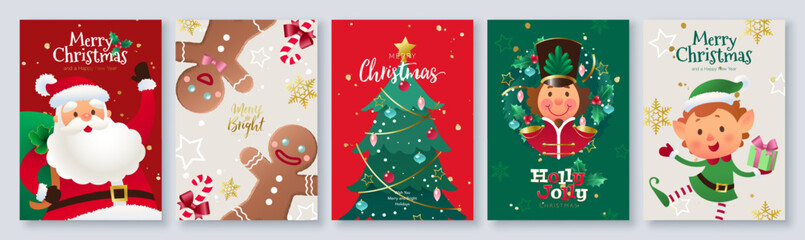Christmas decoration greeting card set with typography and cute hand drawn festive Santa Claus, elf, gingerbread cookie, nutcracker, Christmas tree. Vector illustration