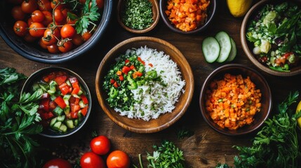 Birds Eye View of a Table with Rice Fresh Veggies and Spices