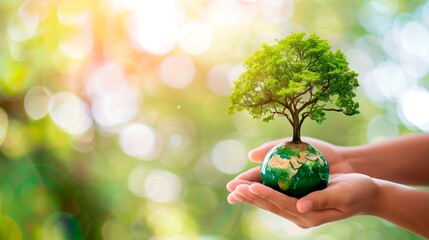 Hands holding a growing green tree with sunshine in the background, symbolizing environmental care, life, growth, and hope. A digital artwork illustration representing sustainability and ecological co