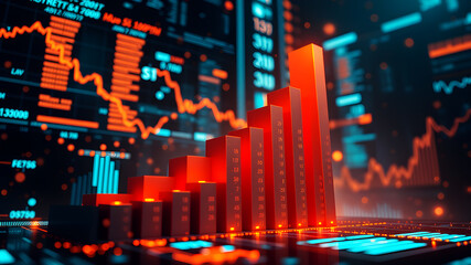 A 3D bar graph rising sharply upward, surrounded by glowing data charts and financial metrics floating in space