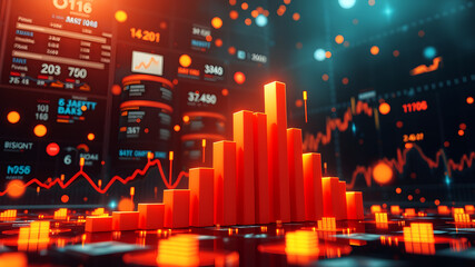 A 3D bar graph rising sharply upward, surrounded by glowing data charts and financial metrics floating in space