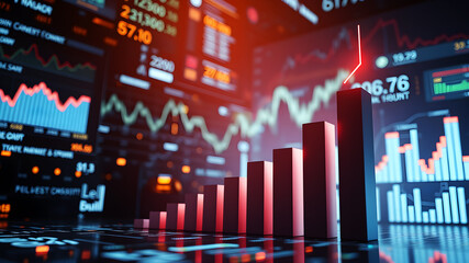 A 3D bar graph rising sharply upward, surrounded by glowing data charts and financial metrics floating in space