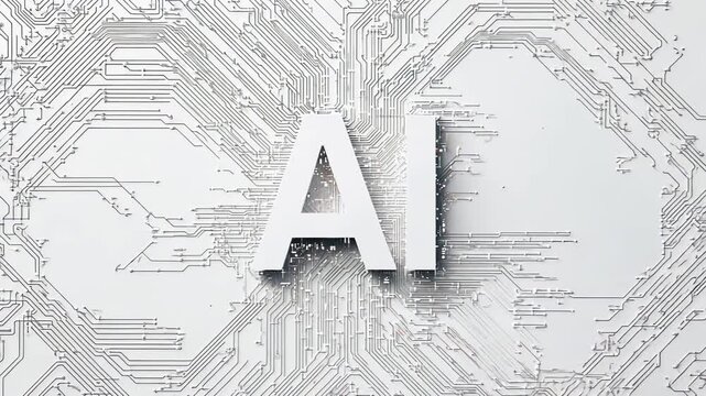 AI in bold font with circuits  morphing in and out of white background.