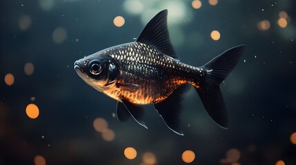 Glowing skirt tetra fish against dark background with a dotted light pattern on the ground image