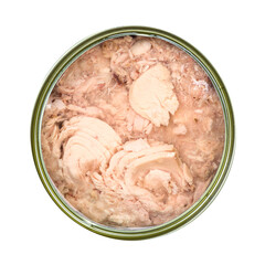 Tuna fish in opened tin can isolated on white background. Top view