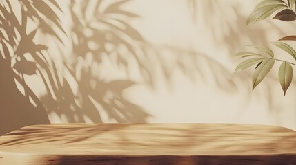 Wooden Tabletop with Tree Leaf Shadows on Beige Wall.