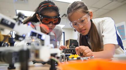 Two high school students wearing school uniforms and safety goggles work on a robotic arm for a science fair in their classroom. 