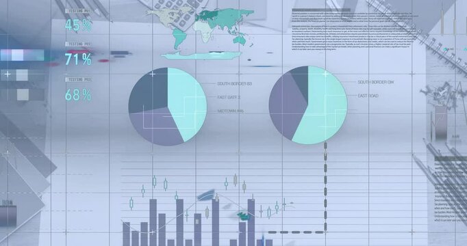 Animation of financial data processing over paper and items on desk - Powered by Adobe