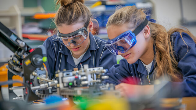 Two high school students wearing school uniforms and safety goggles work on a robotic arm for a science fair in their classroom. - Powered by Adobe