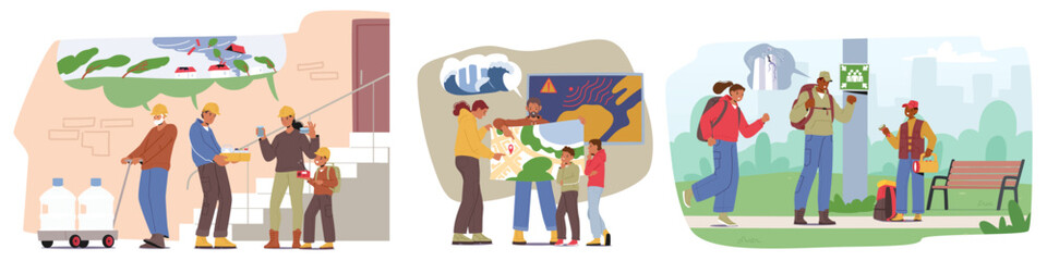 Cartoon Characters Displaying Disaster Prevention Activities Such As Water Storage, Emergency Planning, Checking Safety