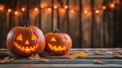 Obraz premium Fundo fotográfico de Halloween com abóboras iluminadas em piso de madeiras rústico e luzes desfocadas ao fundo. Ideal para convites, banners e outros projetos de Halloween