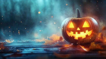 Fototapeta premium Fundo fotográfico de Halloween com abóboras iluminadas em piso de madeiras rústico e luzes desfocadas ao fundo. Ideal para convites, banners e outros projetos de Halloween