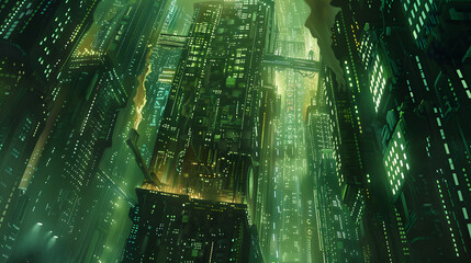 Urban cityscape where skyscrapers transform into massive hard drives and streets merging with binary code 