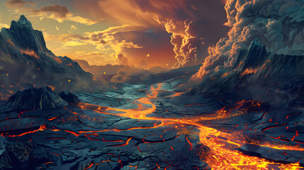 Naklejka premium Volcanic landscape with lava flows crystallizing into silicon wafers and microprocessor designs 