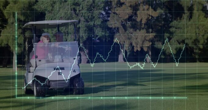 Animation of digital data processing over caucasian golf players in caddy on golf course