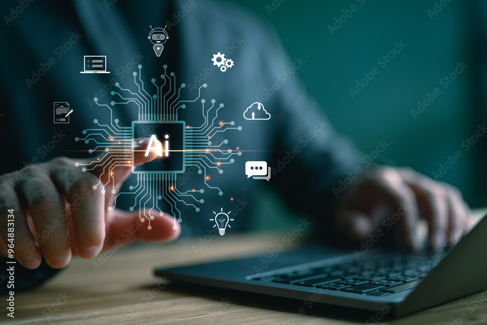 Fototapete technology and people concept man use ai to help work, ai learning and artificial intelligence conce